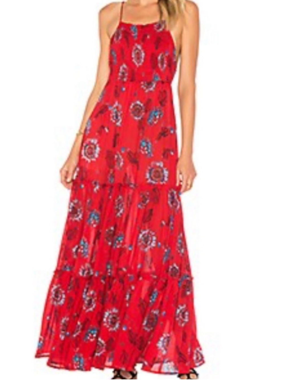 Like New SZ MED Free People Garden Party Dress Red Blue flowers Smocked Tiered